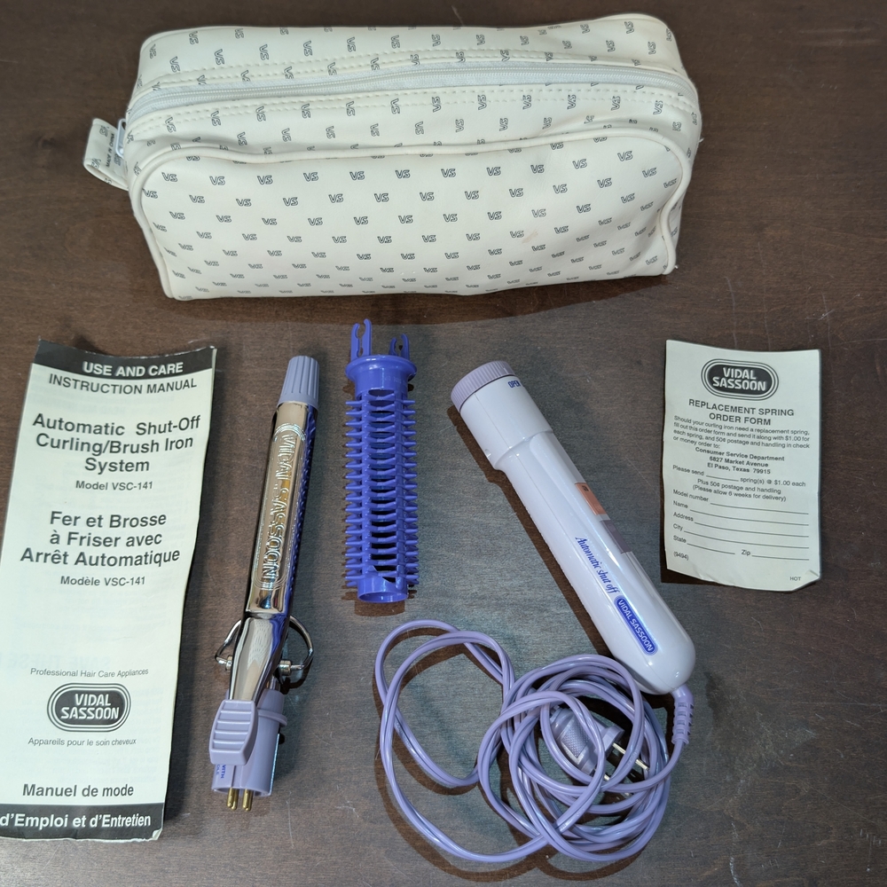 Vintage Vidal Sassoon VSC-141 3/4" Curling Iron Brush Travel Set Chrome